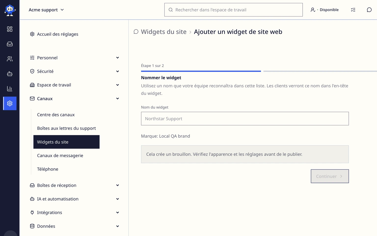 Choisir une méthode pour configurer le widget du site DobroDesk: Connecter le widget à la bonne boîte de réception, 2. Saisissez le nom d'assistance que les clients doivent voir. Après la création, DobroDesk génère automatiquement un ID d'intégration public et aléatoire. Vous n'avez pas à le choisir ni à le saisir.