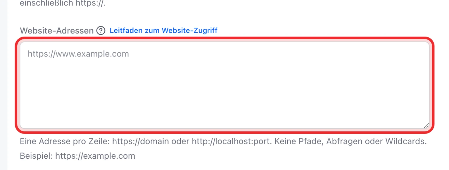 Erlaubte Domains für das Website-Widget hinzufügen: Adressen in DobroDesk hinzufügen, 2. Fügen Sie unter Website-Adressen pro Zeile eine vollständige Website-Adresse ein.