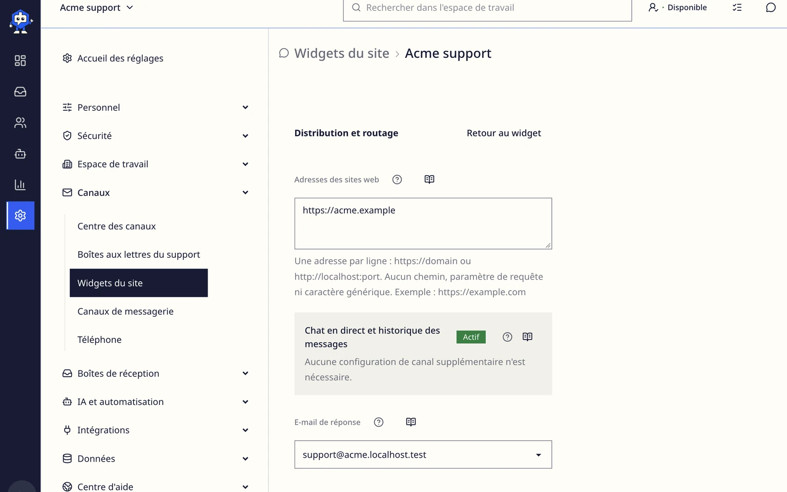 Choisir une méthode pour configurer le widget du site DobroDesk: Connecter le widget à la bonne boîte de réception, 3. Ajoutez toutes les adresses de site complètes où le widget pourra apparaître. Saisissez une adresse par ligne avec https://.