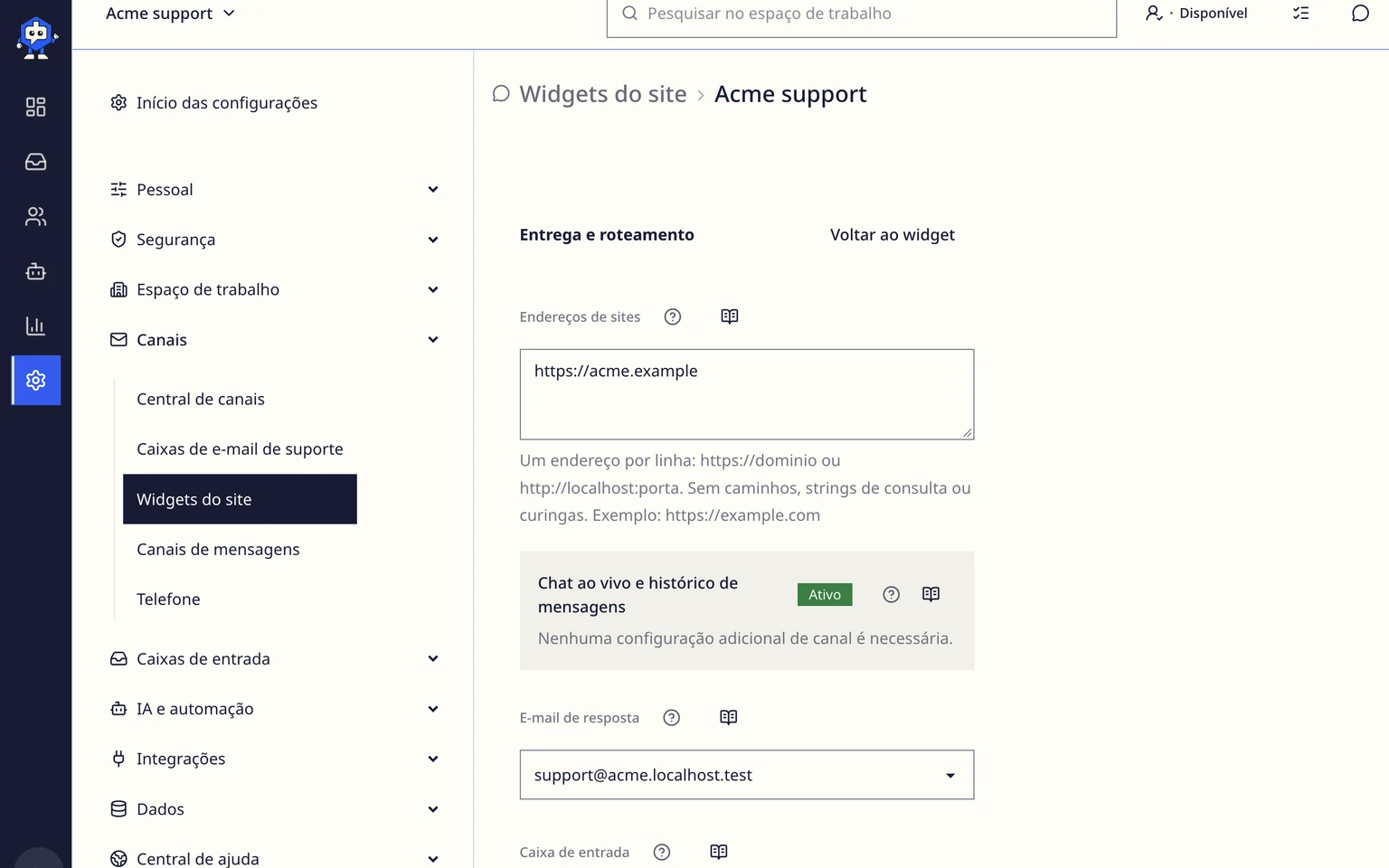 Escolher um caminho para configurar o widget do site do DobroDesk: Conectar o widget à Caixa de entrada correta, 3. Adicione todos os endereços completos de site onde o widget poderá aparecer. Informe um endereço por linha com https://.