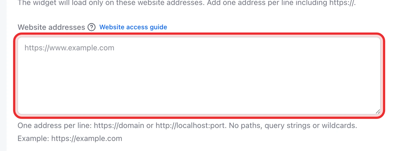 Test the website widget before launch: Prepare a clean test, 2. Confirm the exact public website address appears under Website addresses.
