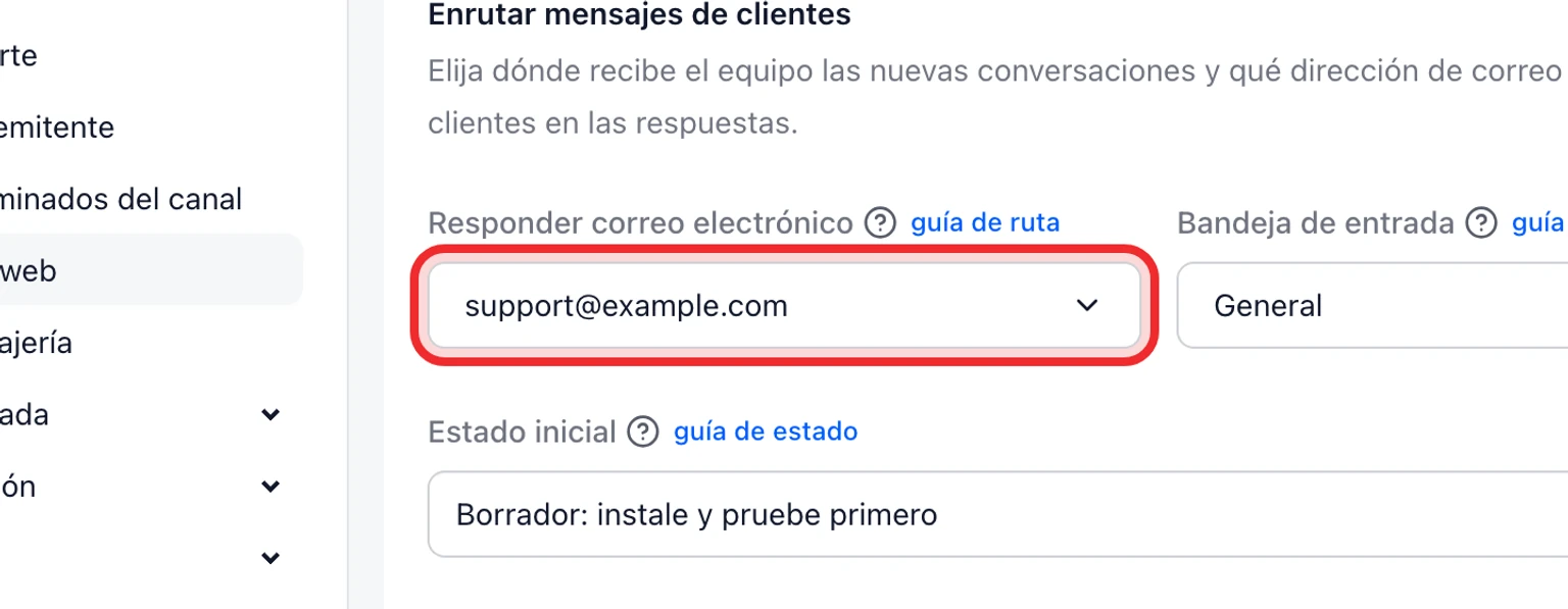 Chat en directo y formulario sin conexión: Qué controla el mensaje de disponibilidad, 3. Abre Administración > Canales > Widgets web y confirma el Email de respuesta y el Bandeja de entrada seleccionados.