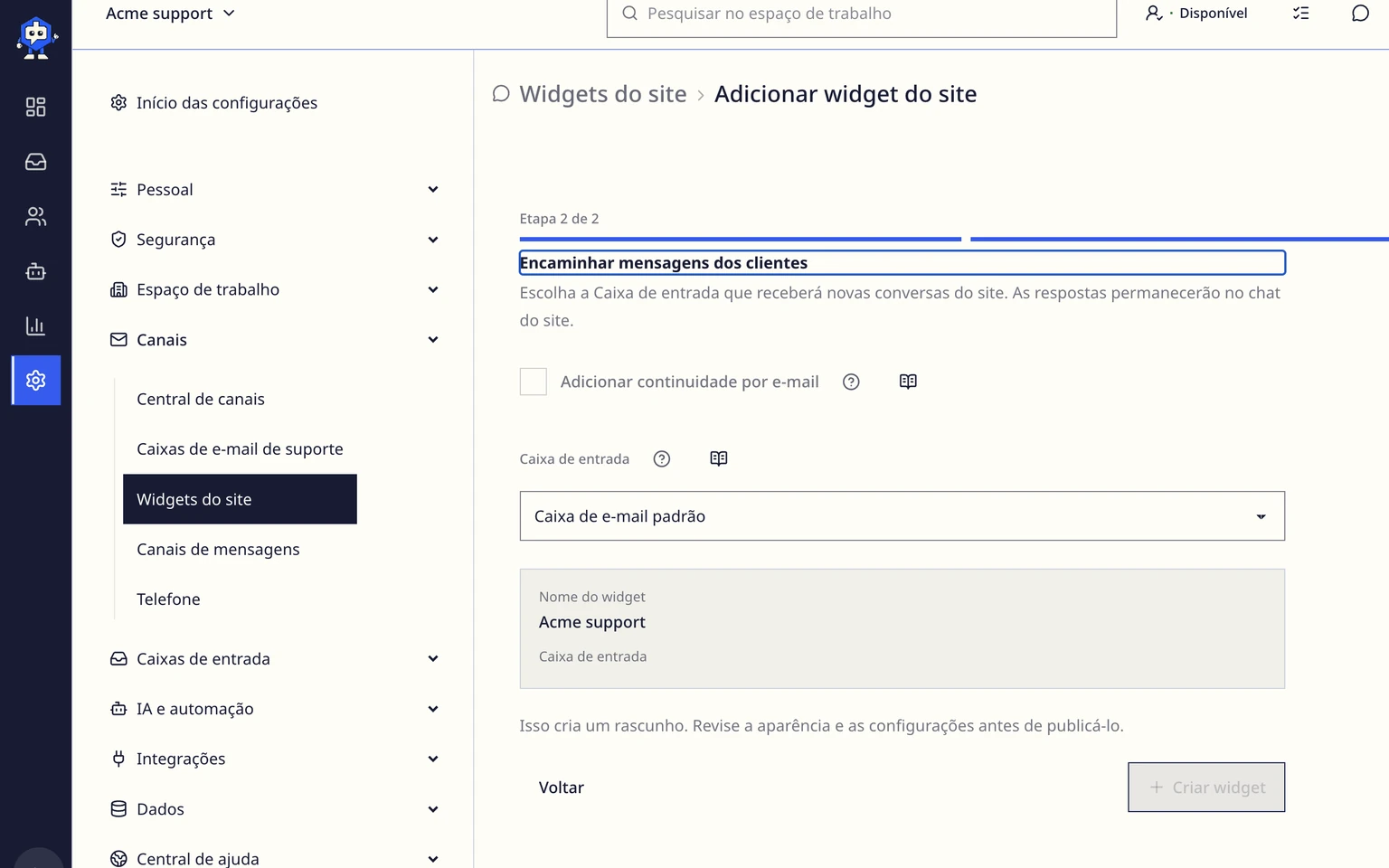 Escolher um caminho para configurar o widget do site do DobroDesk: Conectar o widget à Caixa de entrada correta, 5. Decida se o widget deve continuar como rascunho ou ser ativado e escolha Criar widget. O novo widget aparecerá na lista.