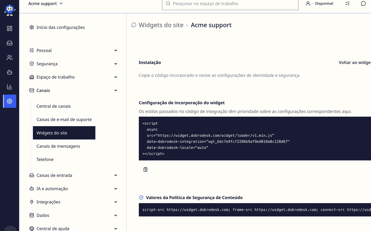 Escolher um caminho para configurar o widget do site do DobroDesk: Adicionar o botão Falar com o suporte ao seu site, 1. Abra o widget na lista e encontre Configuração de incorporação do widget. Ela contém o código exato deste widget.