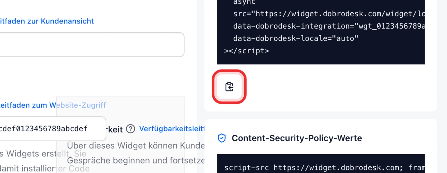 Integrations-ID eines Widgets finden oder neu generieren: ID sicher neu generieren, 2. Wählen Sie neben der Integrations-ID die Aktion Neu generieren und lesen Sie die Bestätigung mit den unmittelbaren Auswirkungen.
