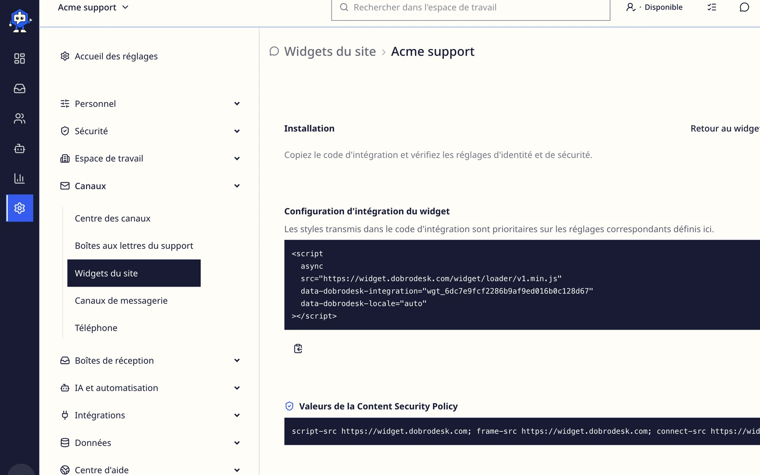 Choisir une méthode pour configurer le widget du site DobroDesk: Ajouter le bouton Contacter l'assistance à votre site, 3. Choisissez Copier le code du widget et collez une seule fois le bloc complet dans le champ de code global du site. Ne supprimez aucune ligne et n'entourez pas le bloc d'une autre balise script.