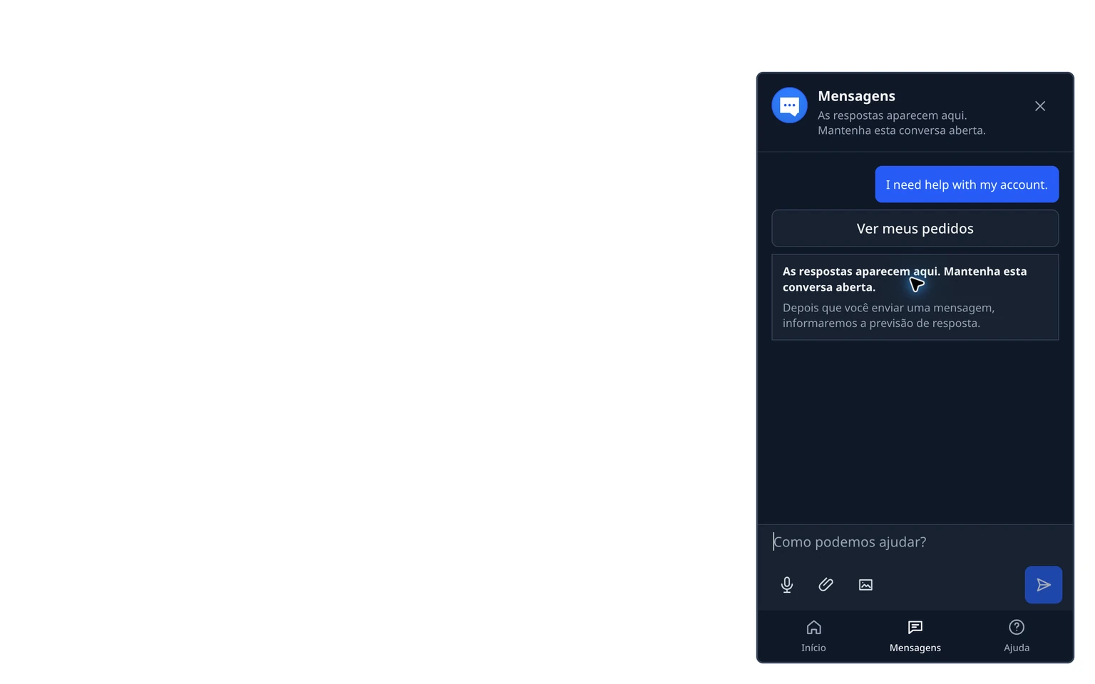 Escolher um caminho para configurar o widget do site do DobroDesk: Enviar uma mensagem de teste completa, 4. Escolha Falar com o suporte, informe um endereço que você possa acessar e envie uma mensagem como Teste do widget do site - responda, por favor.