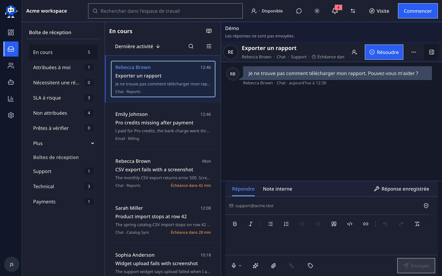Choisir une méthode pour configurer le widget du site DobroDesk: Envoyer un message de test complet, 5. Ouvrez la boîte de réception sélectionnée dans DobroDesk. Trouvez la nouvelle conversation, répondez une fois, puis revenez à la même fenêtre privée pour vérifier que la réponse apparaît.