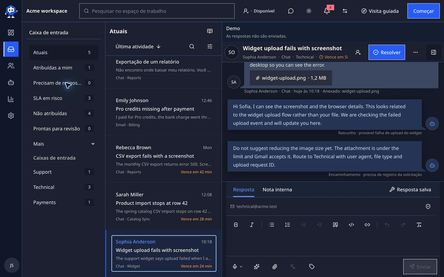 Escolher um caminho para configurar o widget do site do DobroDesk: Enviar uma mensagem de teste completa, 5. Abra a Caixa de entrada selecionada no DobroDesk. Encontre a nova conversa, responda uma vez e volte à mesma janela privada para confirmar que a resposta aparece.