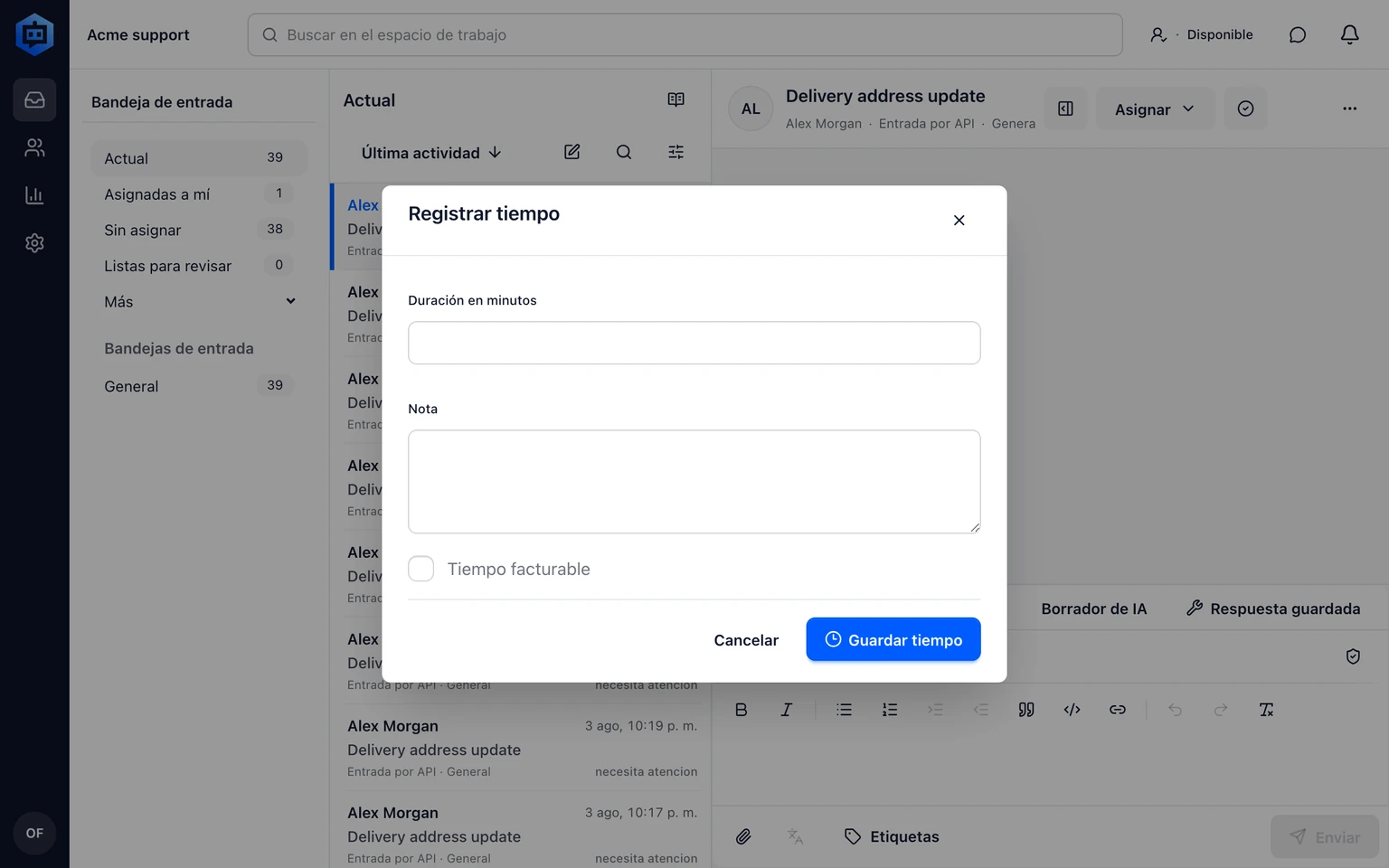 Registra trabajo en una conversación: Añade un registro de trabajo