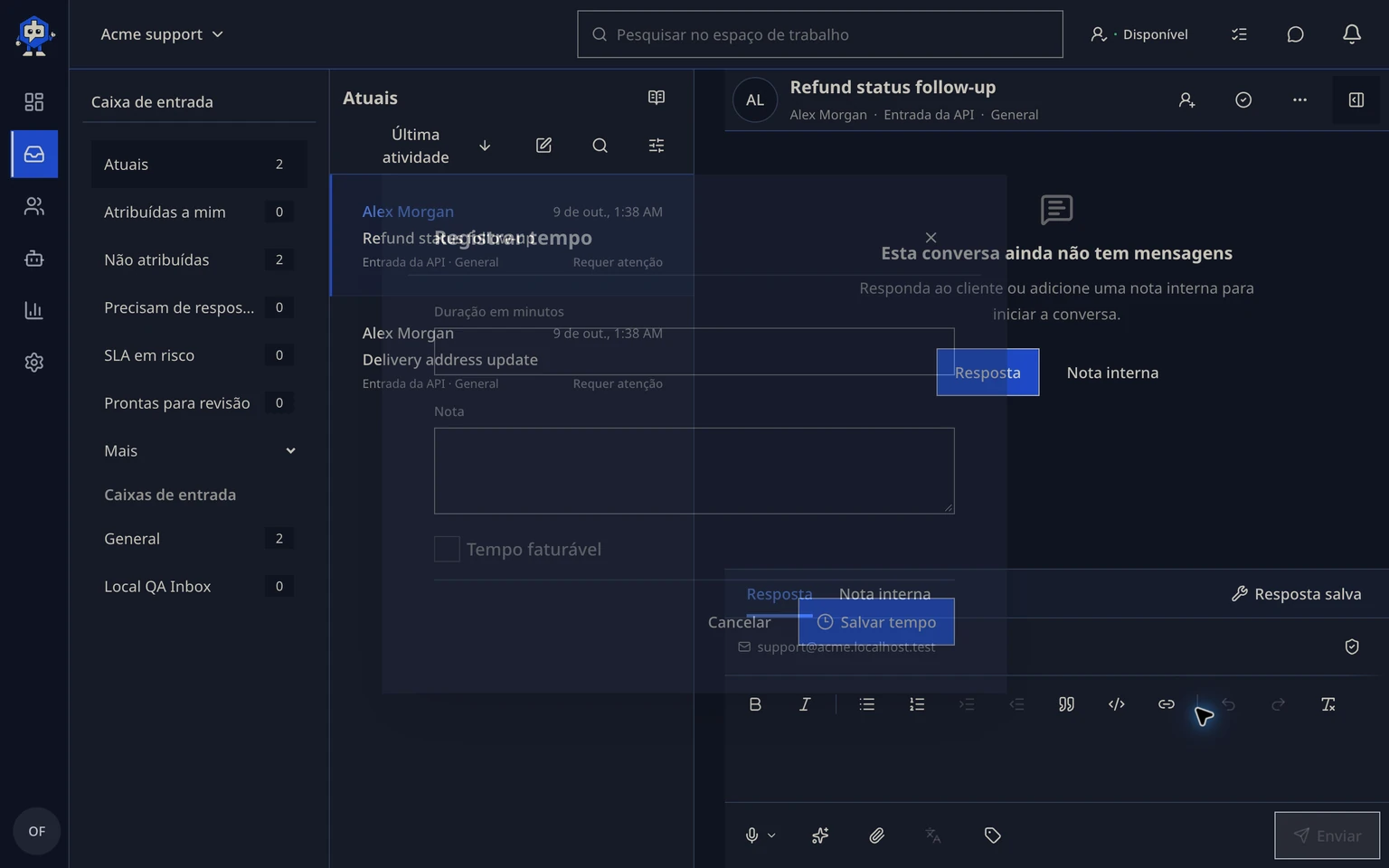Registrar trabalho em uma conversa: Adicionar um registro de trabalho