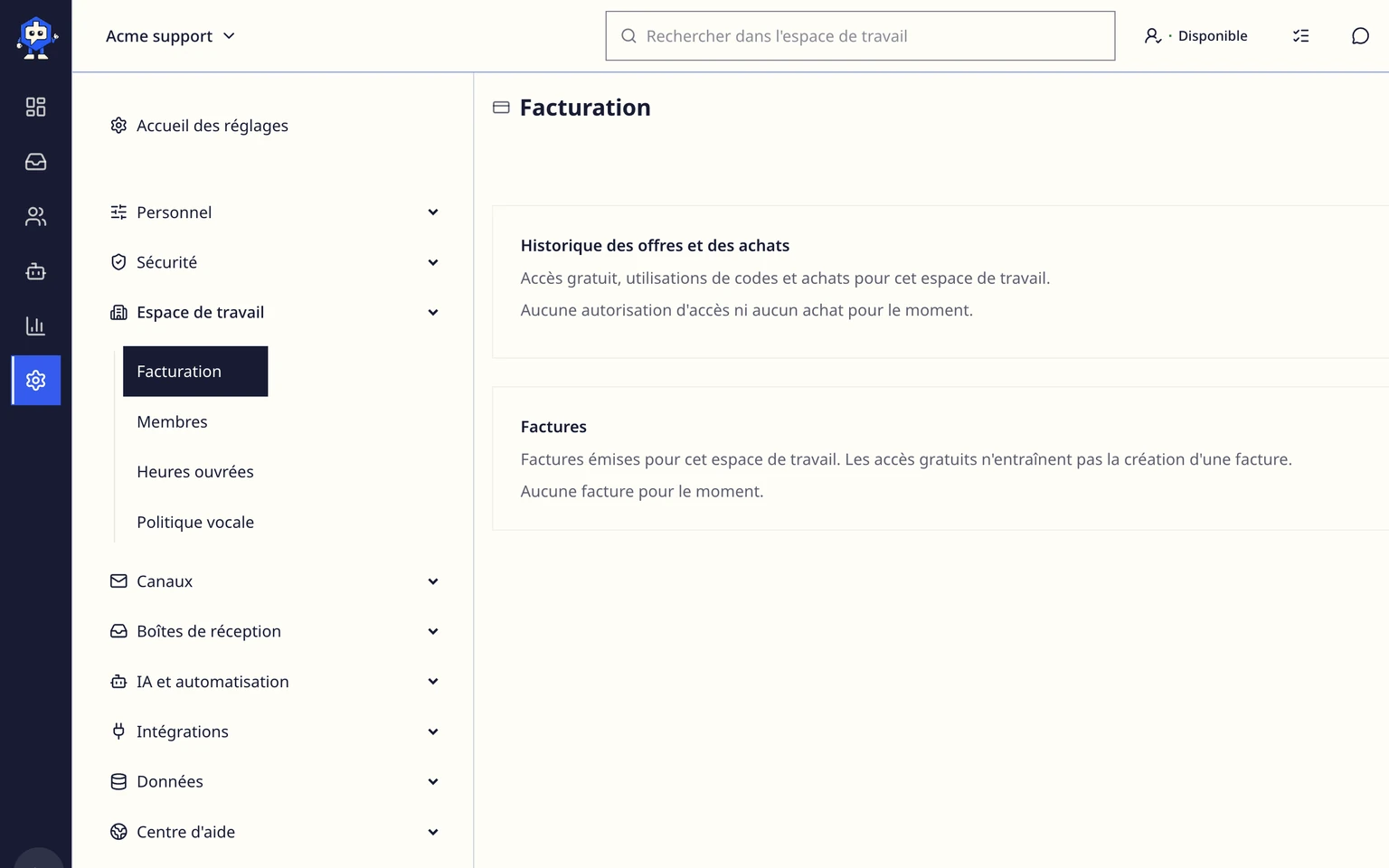 Paramètres de facturation de l'espace DobroDesk avec historique des achats et factures