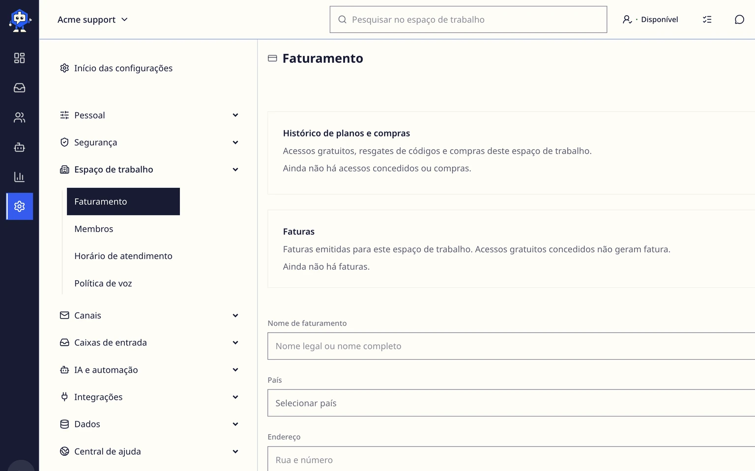Configurações de cobrança do espaço de trabalho DobroDesk com histórico de compras e faturas