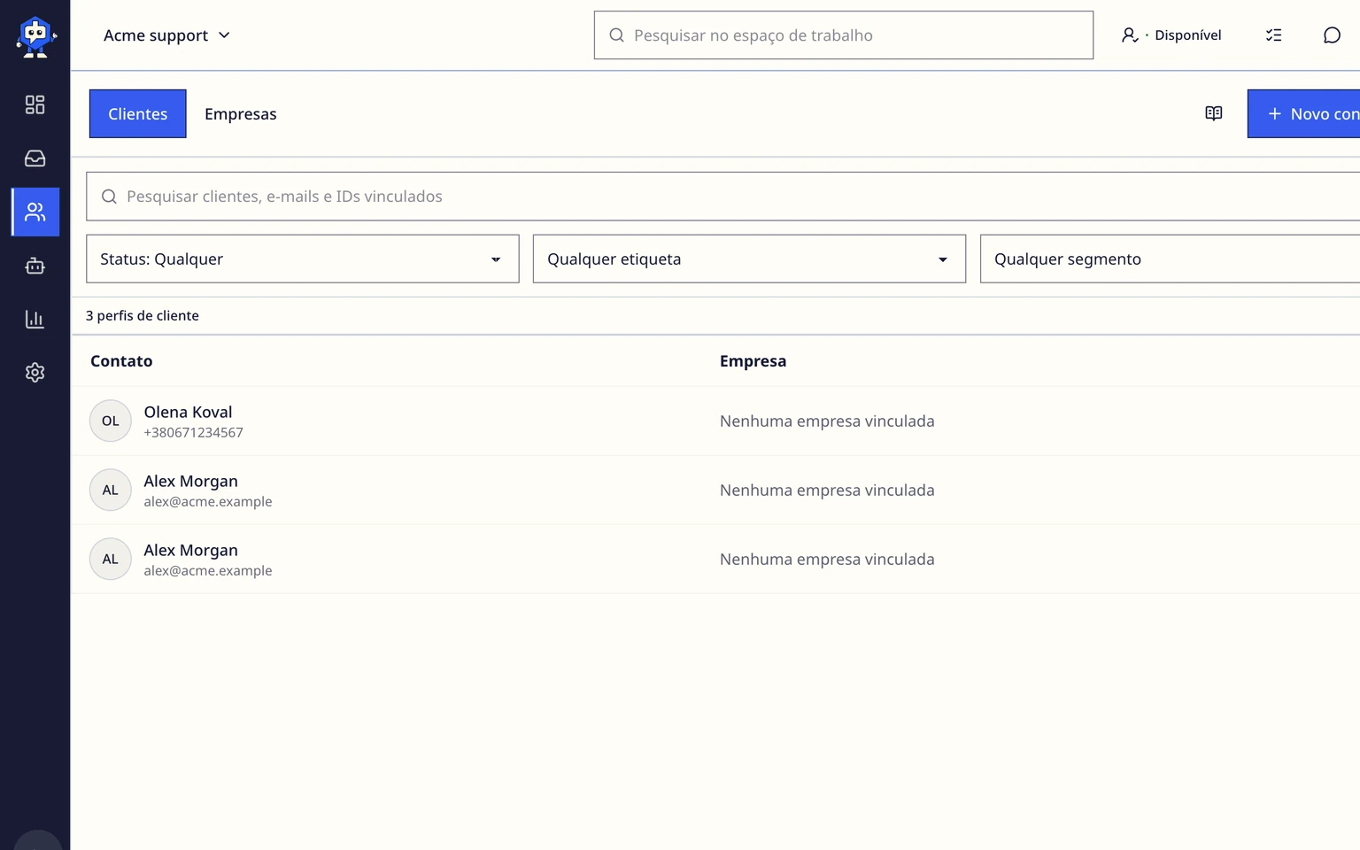 Gerenciar clientes e empresas: Revisar um cliente, 1. Abra Clientes e pesquise por nome, e-mail ou telefone. Clientes encontrados somente por telefone continuam pesquisáveis sem endereço de e-mail.