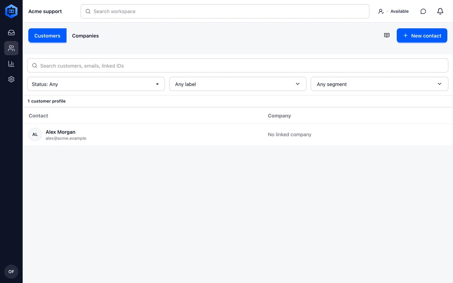 Manage customers and companies: Review a customer, 1. Open Customers and search by name or email.