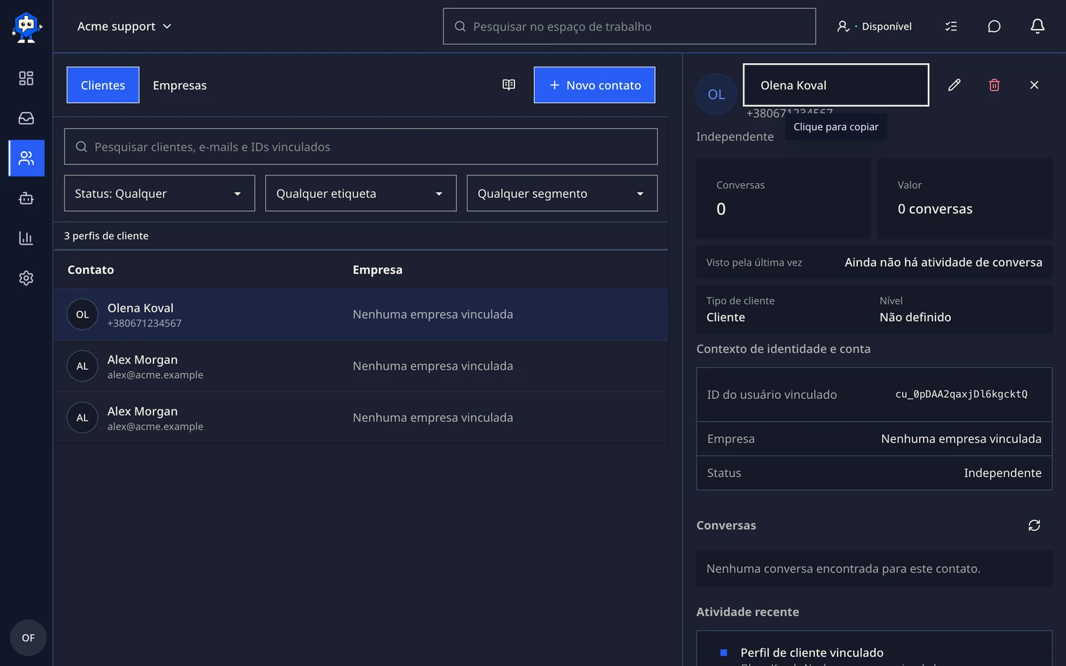 Gerenciar clientes e empresas: Revisar um cliente, 2. Revise identidade, empresa, notas privadas e conversas anteriores.