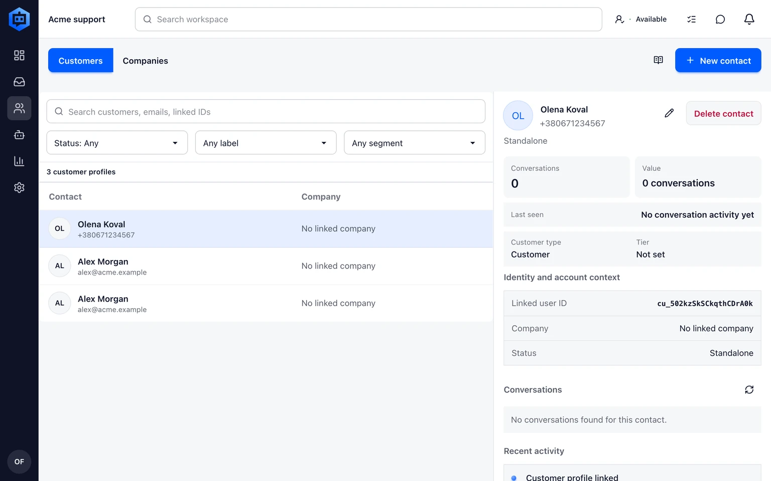 Manage customers and companies: Review a customer, 2. Review identity, company, private notes and previous conversations.