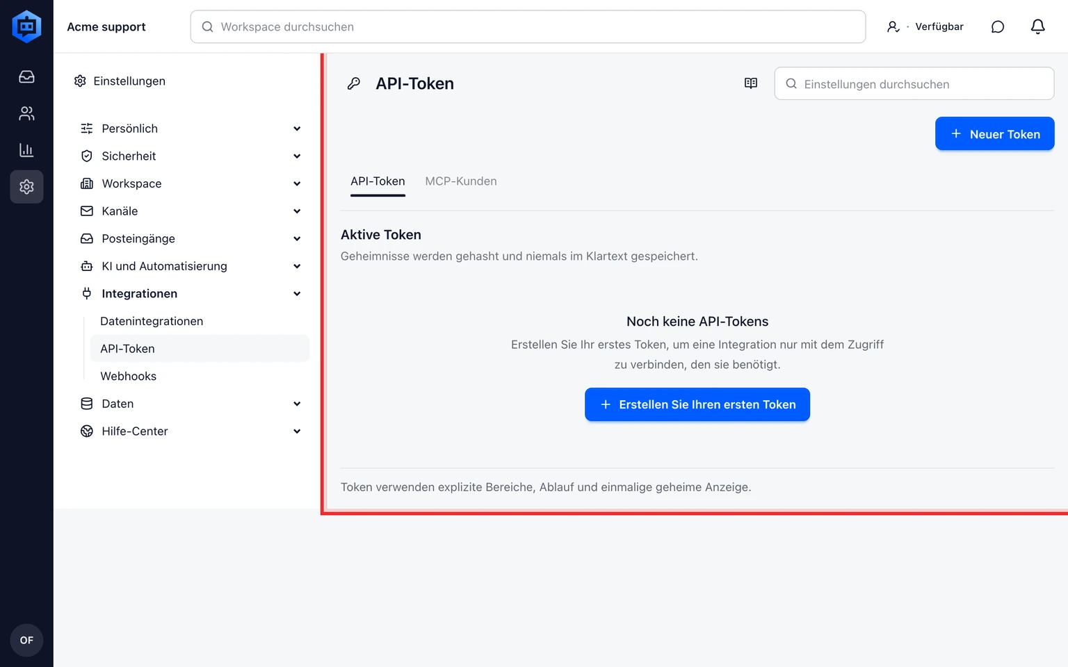 DobroDesk API-Tokens erstellen und widerrufen: Token mit minimalen Rechten erstellen, 1. Öffnen Sie Verwaltung > Integrationen > API-Token und wählen Sie Token erstellen.