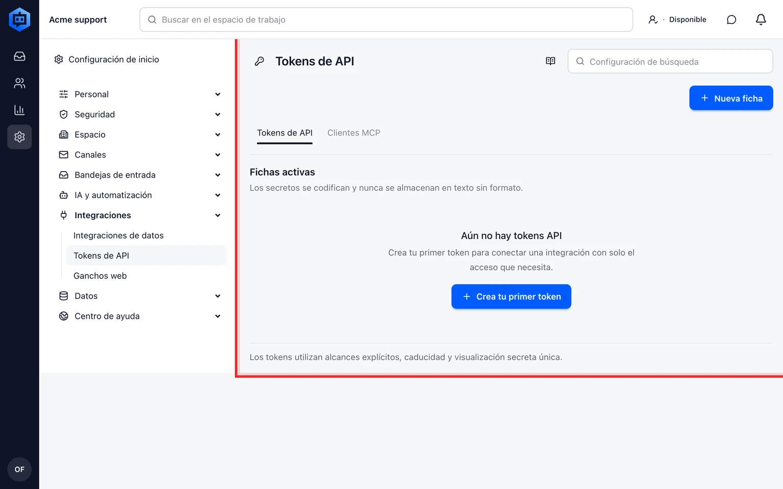 Crear y revocar tokens de API de DobroDesk: Crea un token con privilegio mínimo, 1. Abre Administración > Integraciones > Tokens de API y selecciona Crear token.