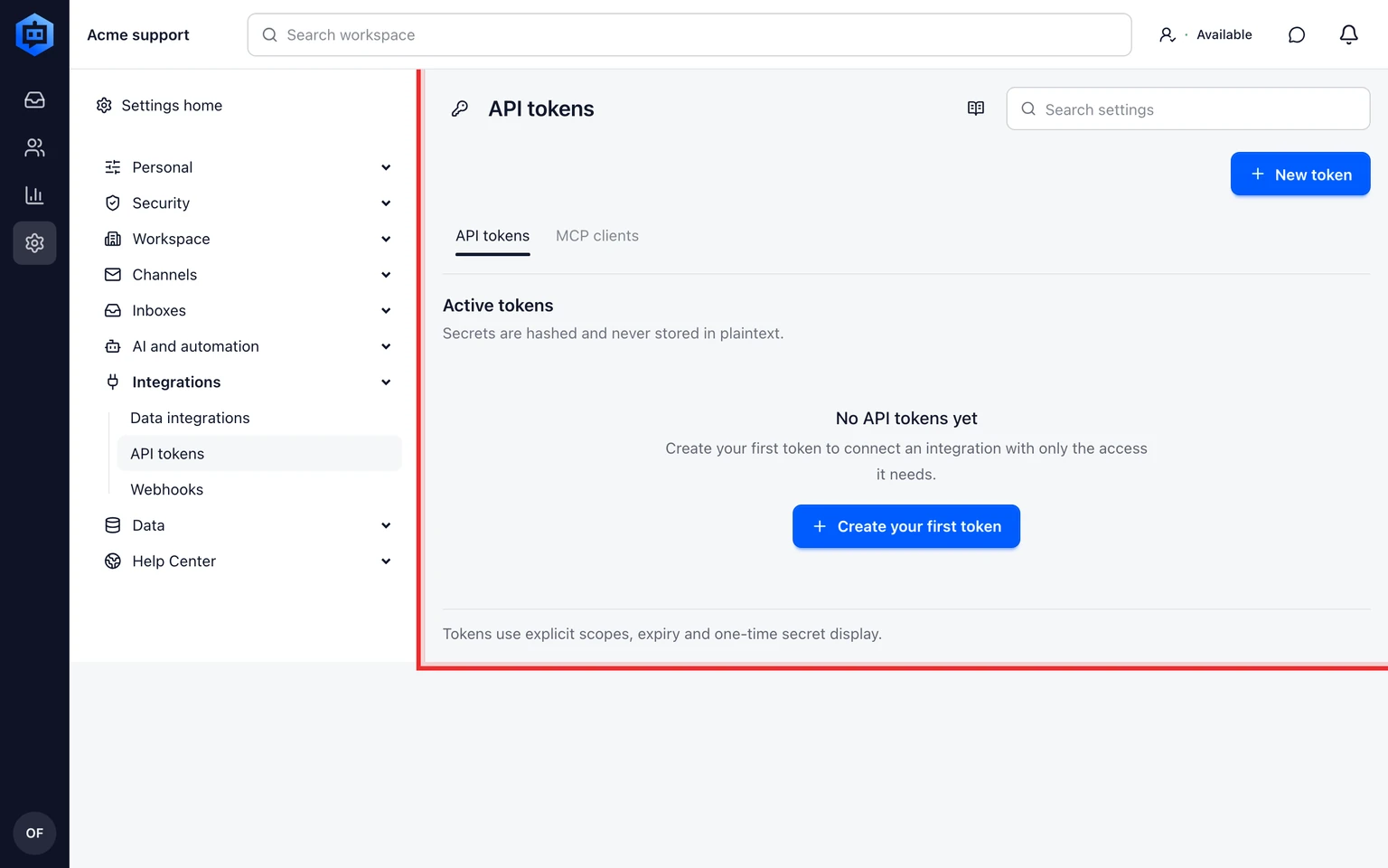 Create and revoke DobroDesk API tokens: Create a least-privilege token, 1. Open Admin > Integrations > API tokens and select Create token.