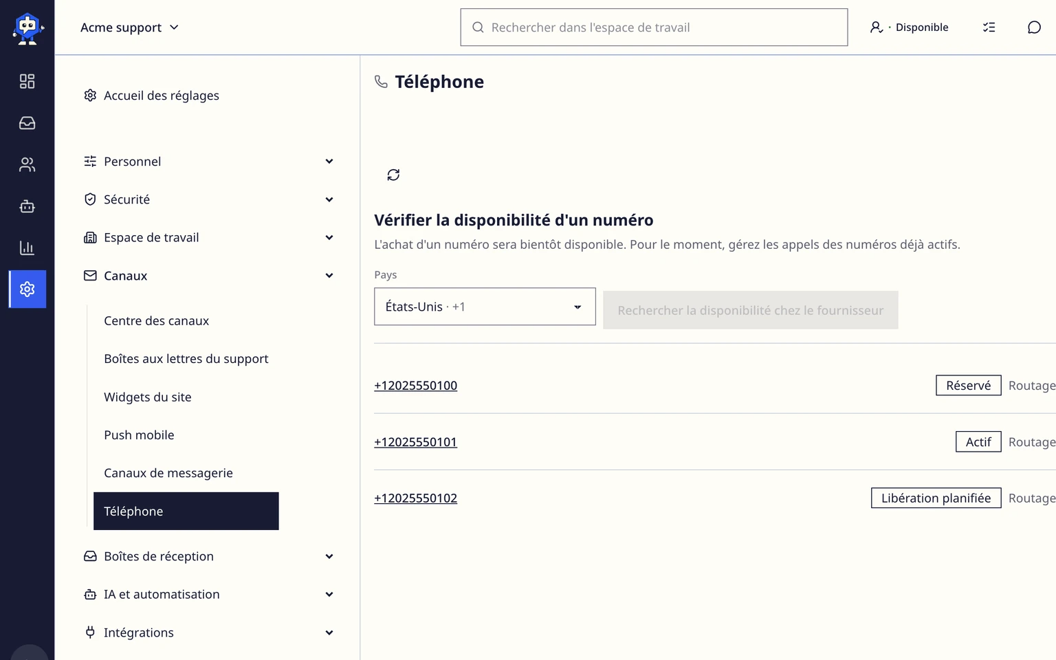 Gérer le routage et la libération des numéros de téléphone: Vérifier la disponibilité des numéros de téléphone