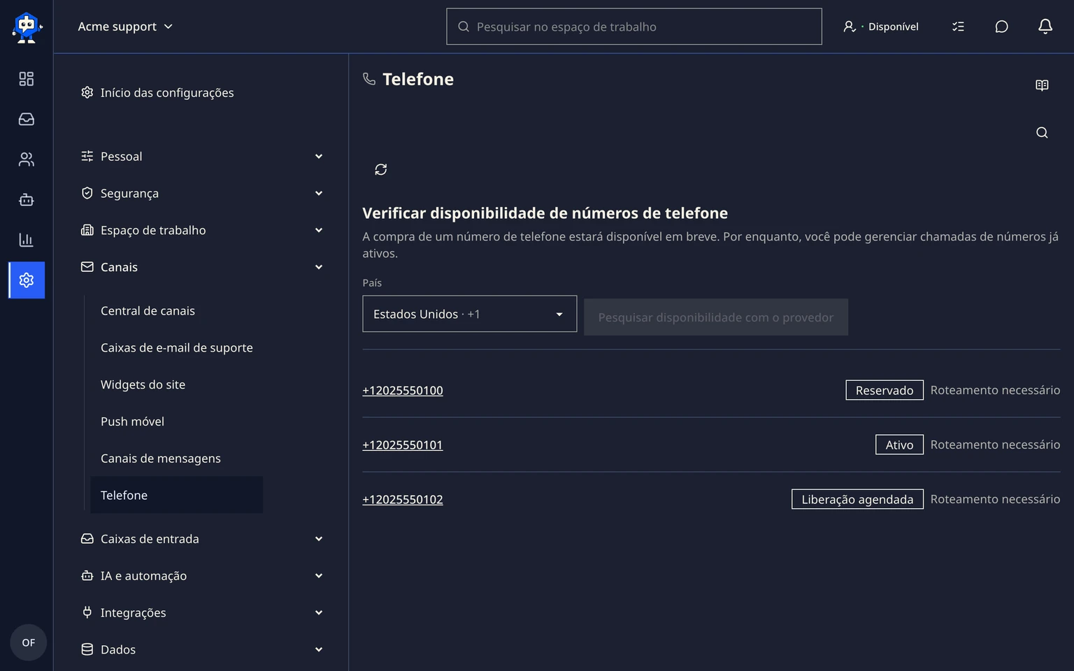 Gerenciar roteamento e liberação de números de telefone: Abrir um número e revisar seu estado salvo