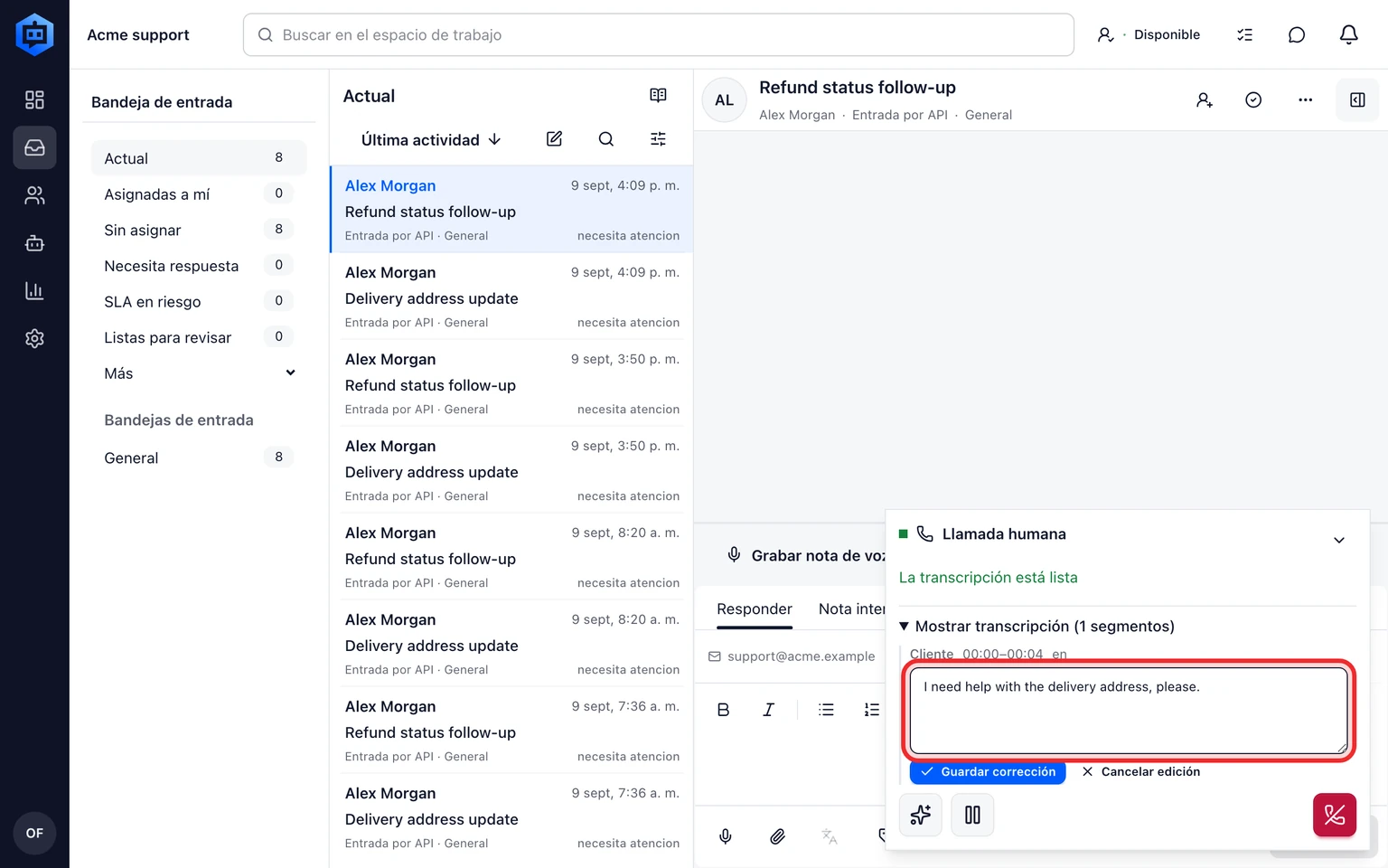 Gestionar la asignación y liberación de números: Guardar y comprobar la configuración de voz