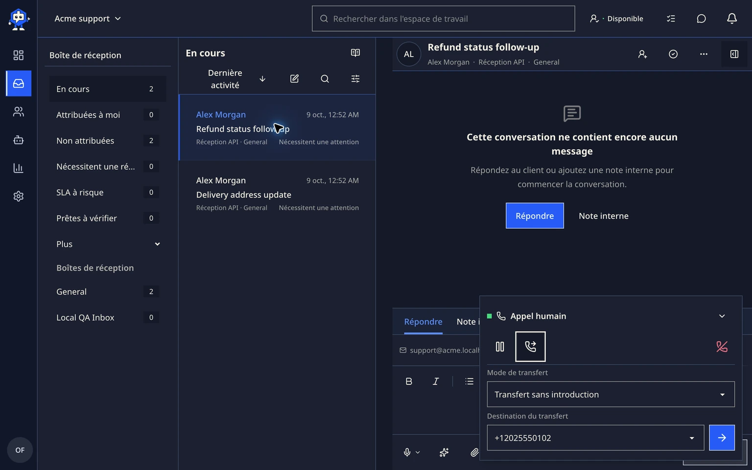 Gérer le routage et la libération des numéros de téléphone: Transférer un appel actif à un opérateur
