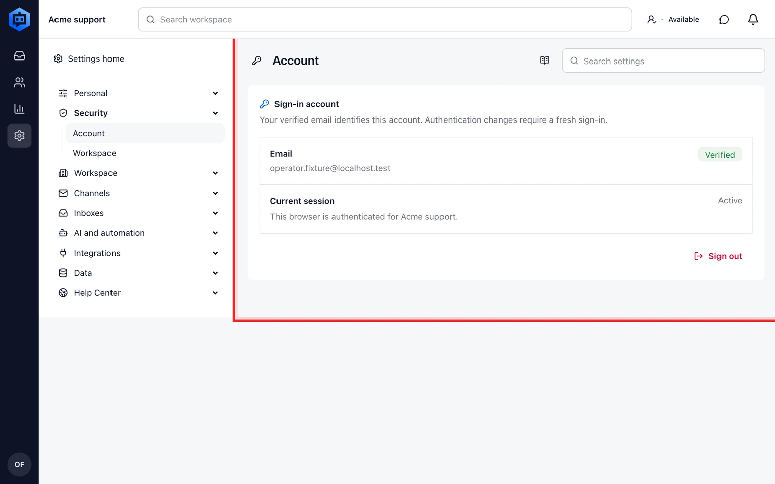 Manage sign-in methods: Review account sign-in, 1. Open Settings > Security > Account.