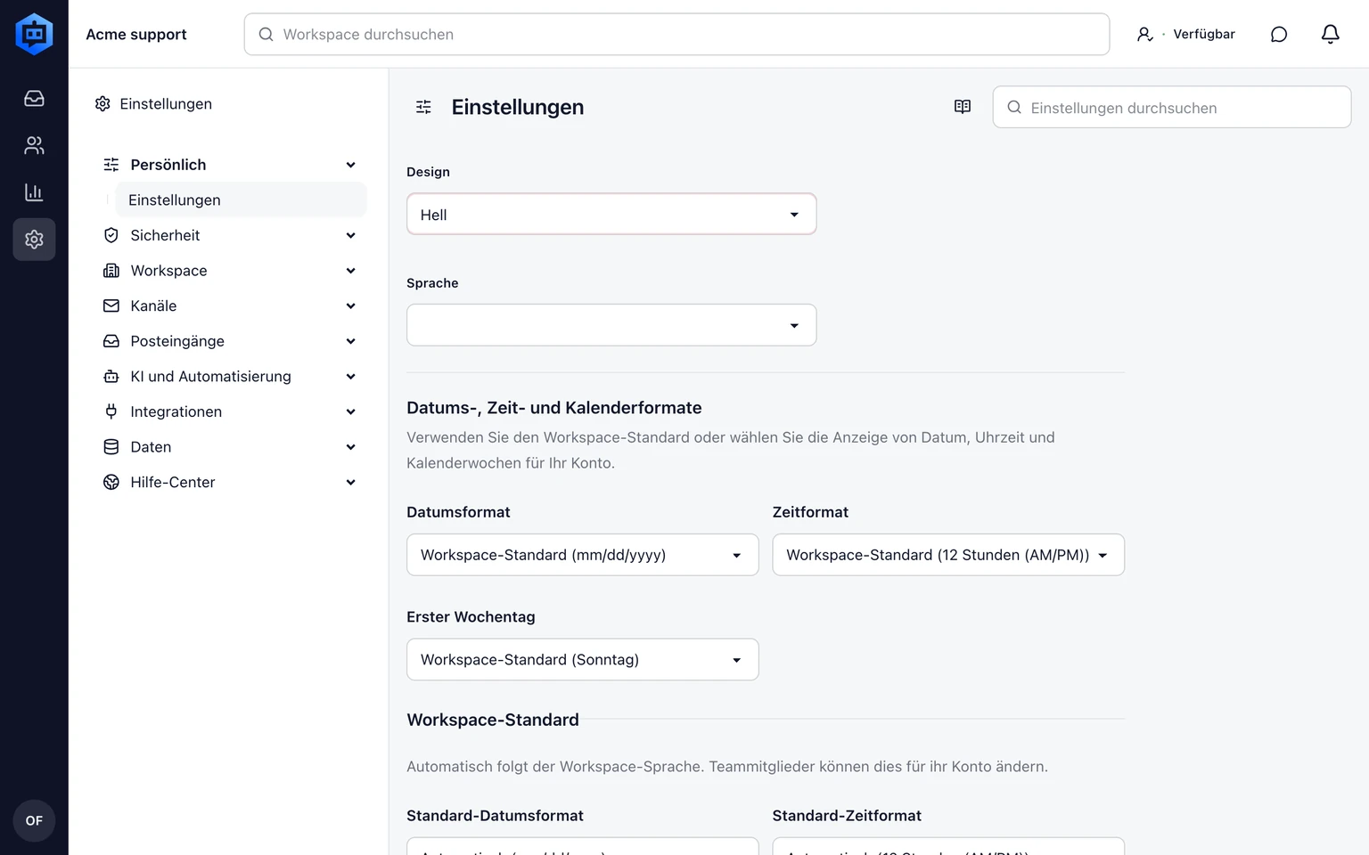 Benachrichtigungen für Teammitglieder verwalten: App-Theme auswählen, 1. Öffnen Sie das Kontomenü in der oberen Leiste und wählen Sie Preferences.