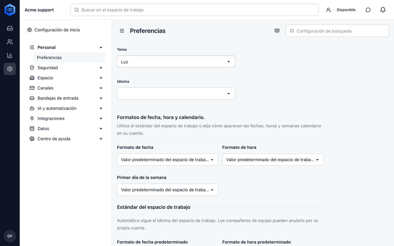 Gestiona las notificaciones del equipo: Elige el tema de la aplicación, 1. Abre el menú de cuenta en la barra superior y selecciona Preferences.