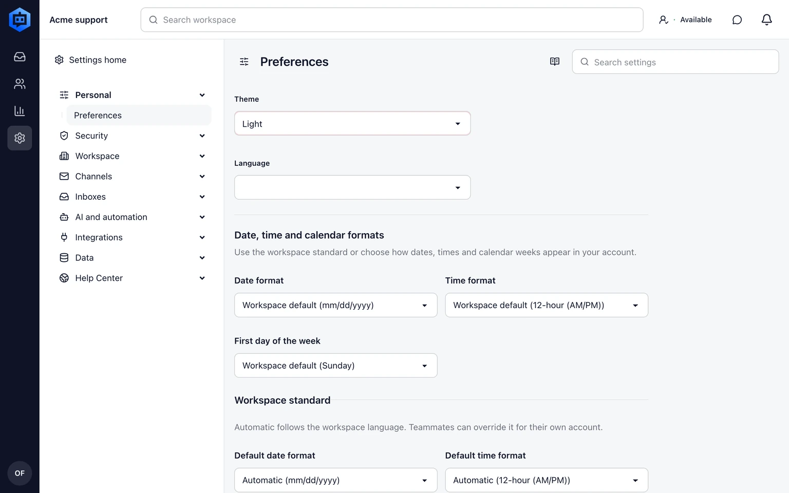 Manage teammate notifications: Choose your app theme, 1. Open the account menu in the top bar then choose Preferences.