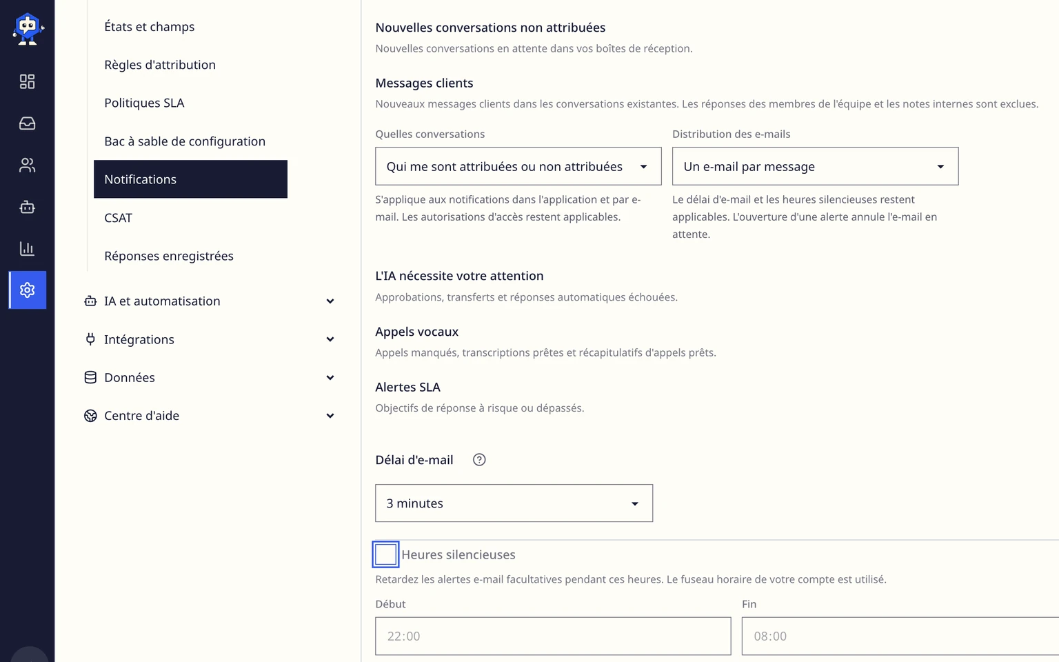 Gérer les notifications des collègues: Choisir vos alertes, 3. Dans E-mail, activez Messages clients et choisissez les conversations à suivre. Choisissez un e-mail par message ou regroupez les messages consécutifs.