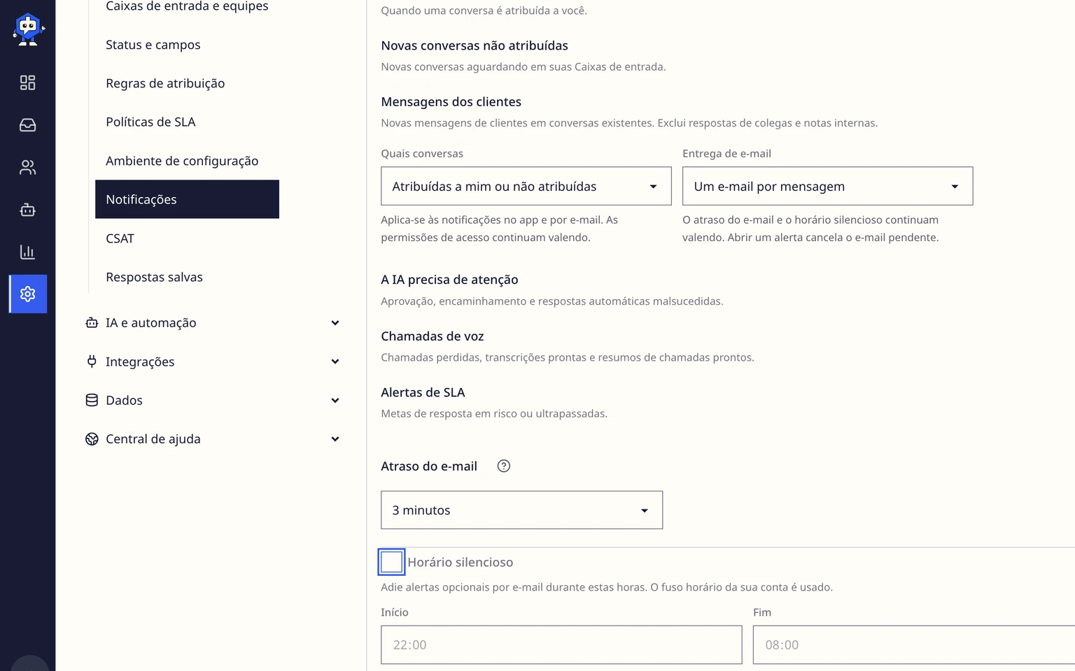 Gerenciar notificações dos colegas: Escolher seus alertas, 3. Em E-mail, ative Mensagens de clientes e escolha quais conversas acompanhar. Escolha um e-mail por mensagem ou agrupe mensagens consecutivas.