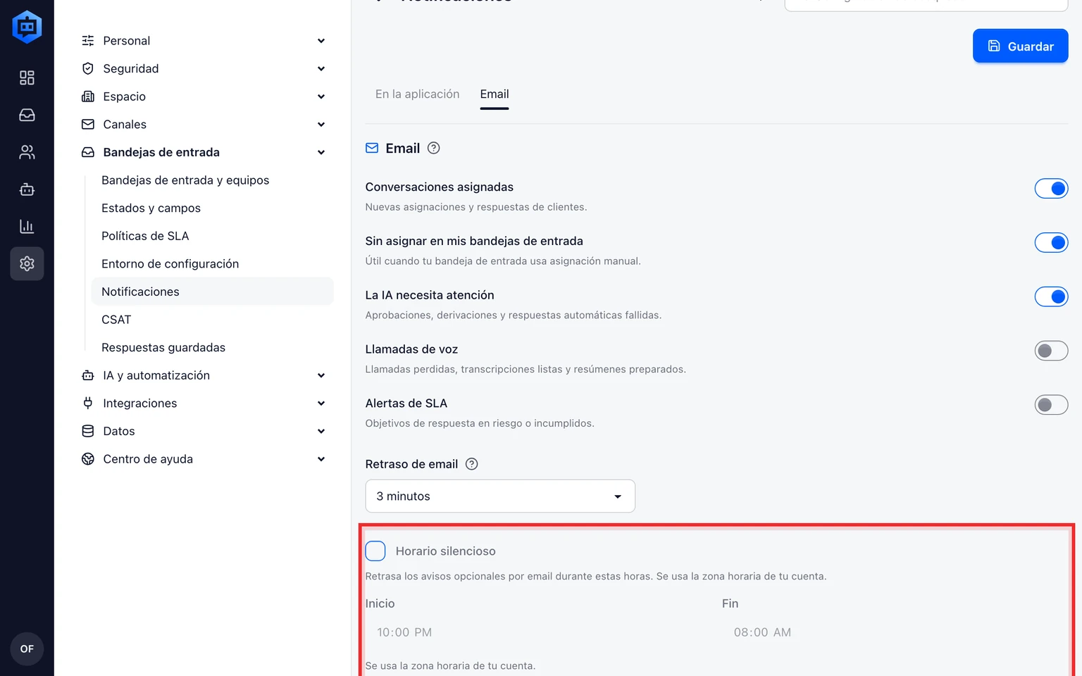 Gestiona las notificaciones del equipo: Elige tus alertas, 5. Activa las horas de silencio, elige una hora de inicio y otra de finalización y guarda. El horario usa la zona horaria de tu cuenta.