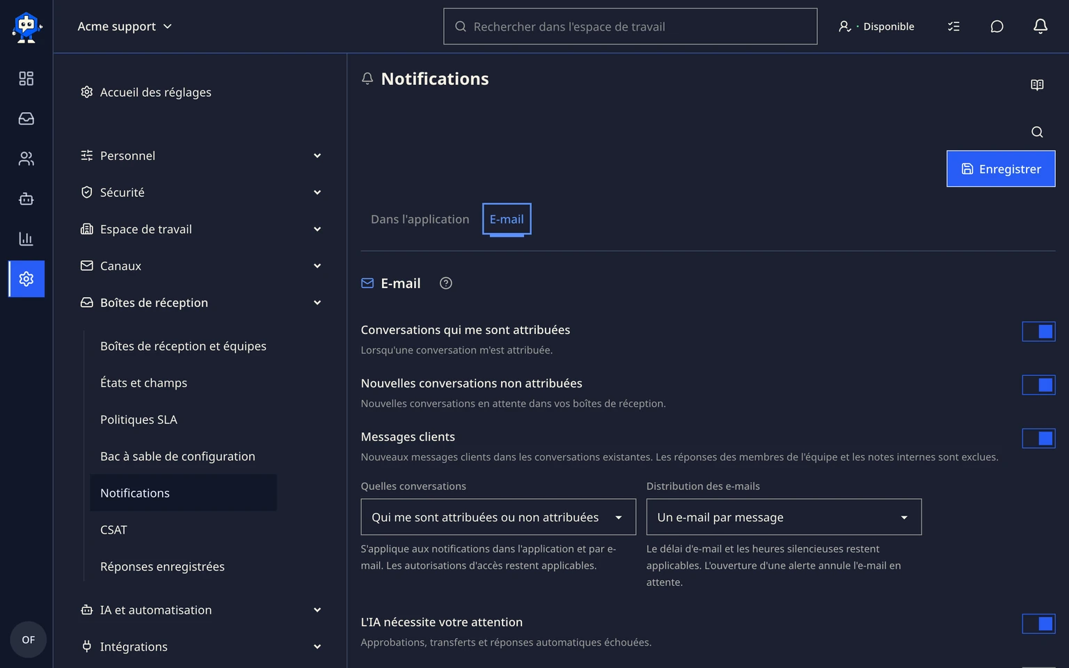 Gérer les notifications des collègues: Choisir vos alertes, 5. Activez Heures silencieuses, choisissez une heure de début et de fin, puis enregistrez. La programmation utilise le fuseau horaire de votre compte.