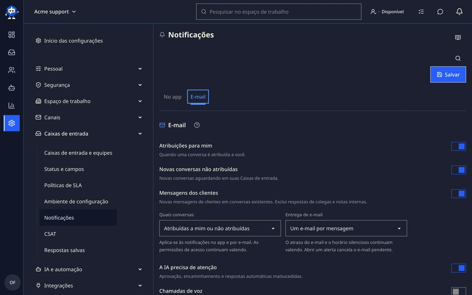 Gerenciar notificações dos colegas: Escolher seus alertas, 5. Ative Horário silencioso, escolha um horário de início e fim e salve. A programação usa o fuso horário da sua conta.
