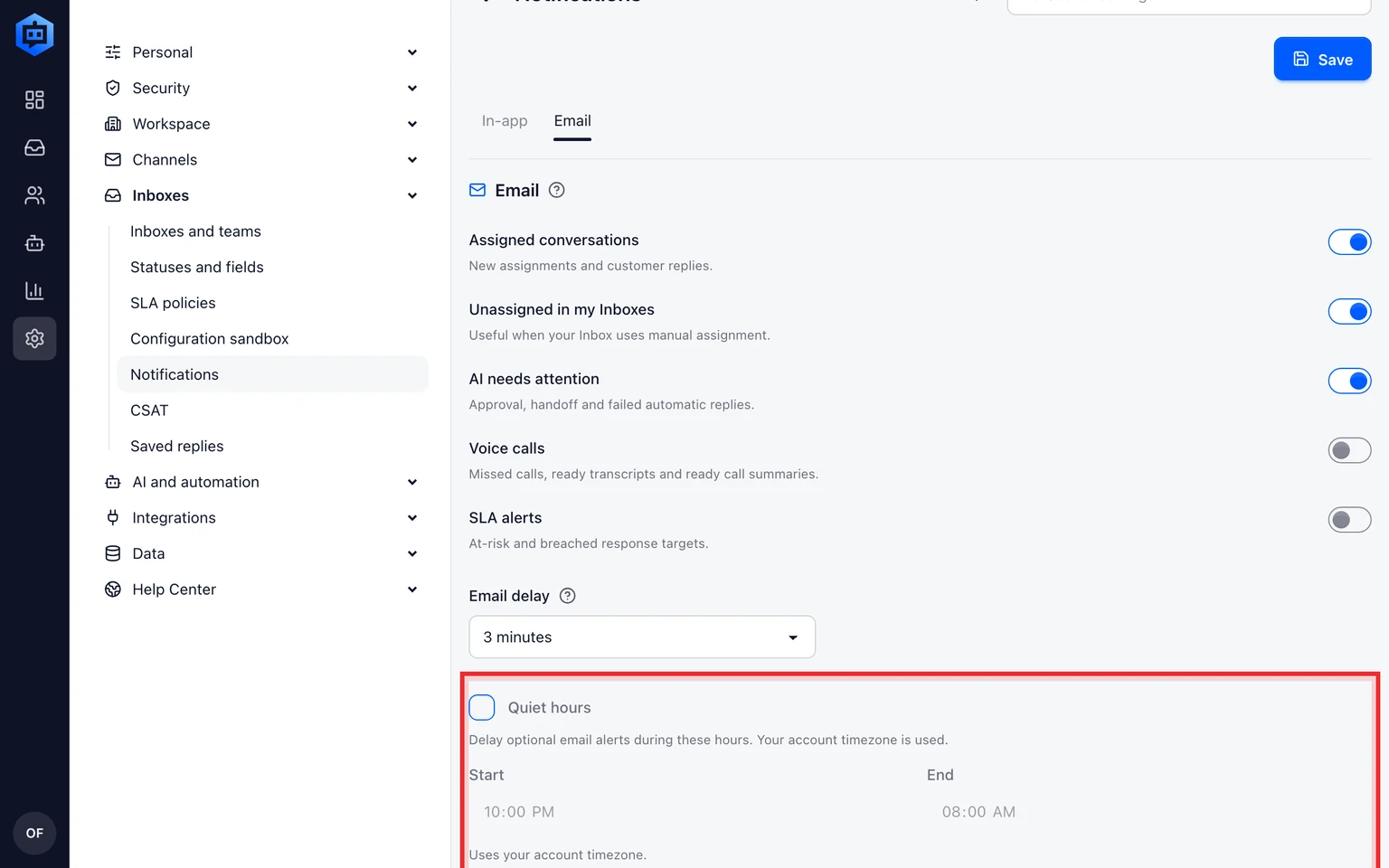 Manage teammate notifications: Choose your alerts, 5. Turn on Quiet hours, choose a start and end time and save. The schedule uses your account timezone.
