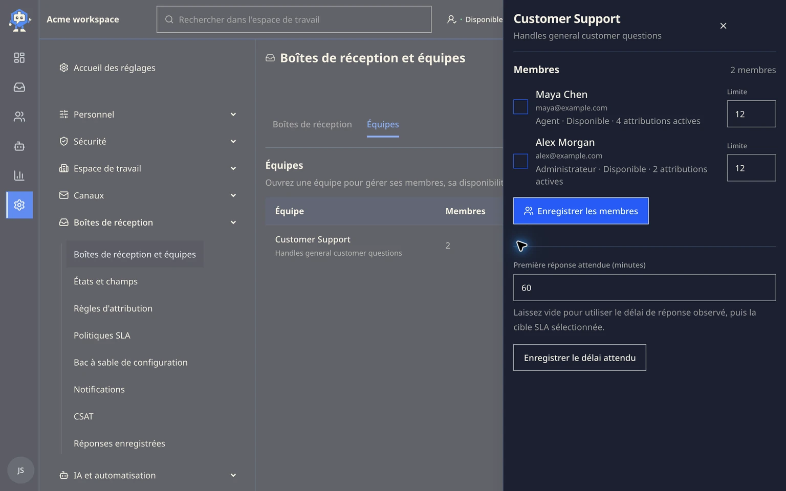 Définir la disponibilité et la charge de travail des collègues: Définir les limites d'un collègue, 1. Ouvrez Administration > Boîte de réception > Boîtes de réception et équipes.