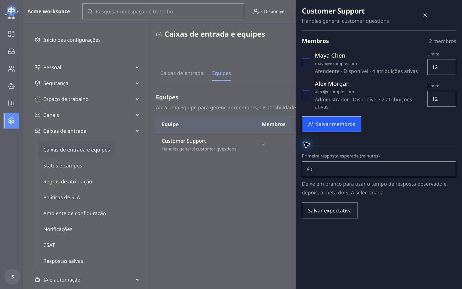 Definir disponibilidade e carga de trabalho dos colegas: Definir os limites de um colega, 1. Abra Administração > Caixa de entrada > Caixas de entrada e equipes.