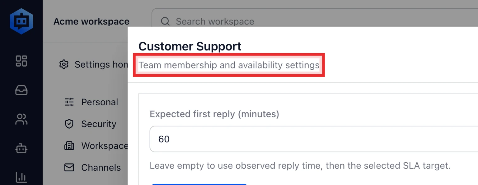 Set teammate availability and workload: Set teammate limits, 1. Open Admin > Inbox > Inboxes and teams.