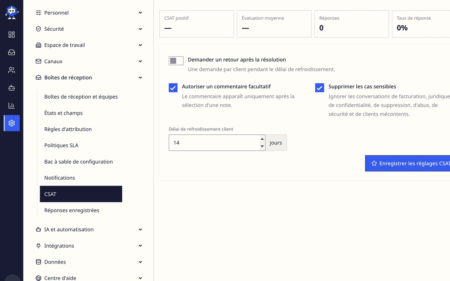 Mesurer le CSAT et la performance de l'équipe: Activer les demandes de satisfaction client, 1. Ouvrez Administration > Boîte de réception > CSAT.