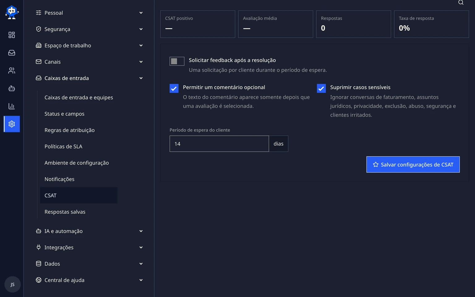 Medir CSAT e o desempenho da equipe: Ativar solicitações de satisfação do cliente, 1. Abra Administração > Caixa de entrada > CSAT.