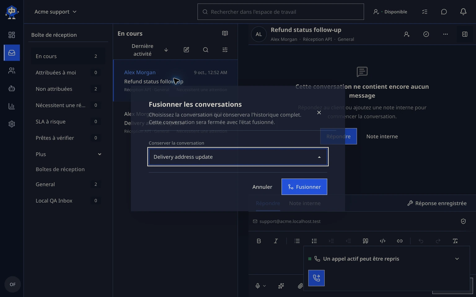 Fusionner les conversations en double: Choisir la Conversation principale