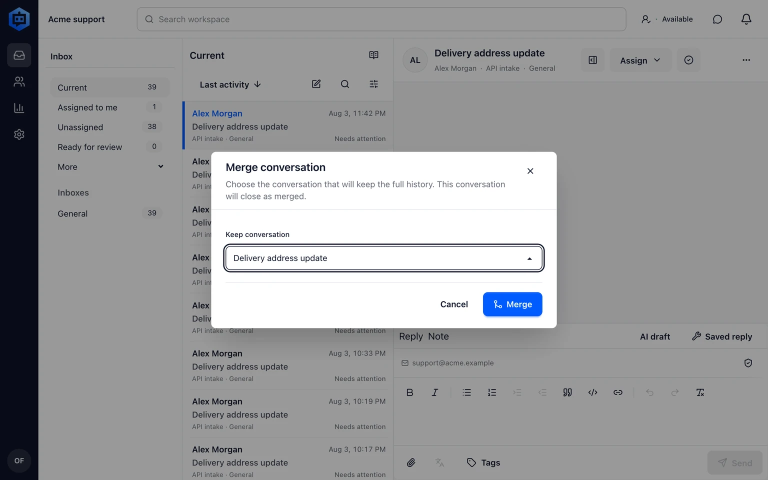 Merge duplicate conversations: Choose the primary Conversation