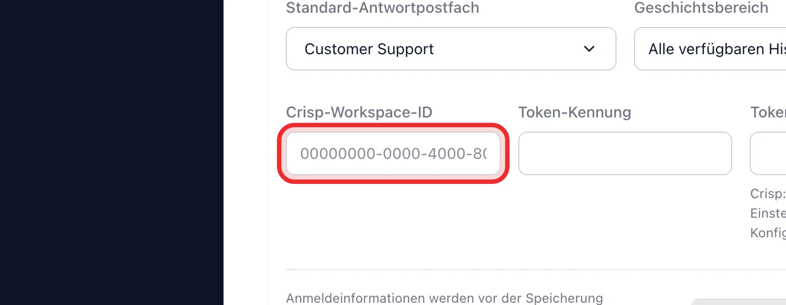DobroDesk-Migration aus Crisp mit Antwortpostfach, Verlaufszeitraum, Workspace-ID, Token-Kennung und Token-Schlüssel.