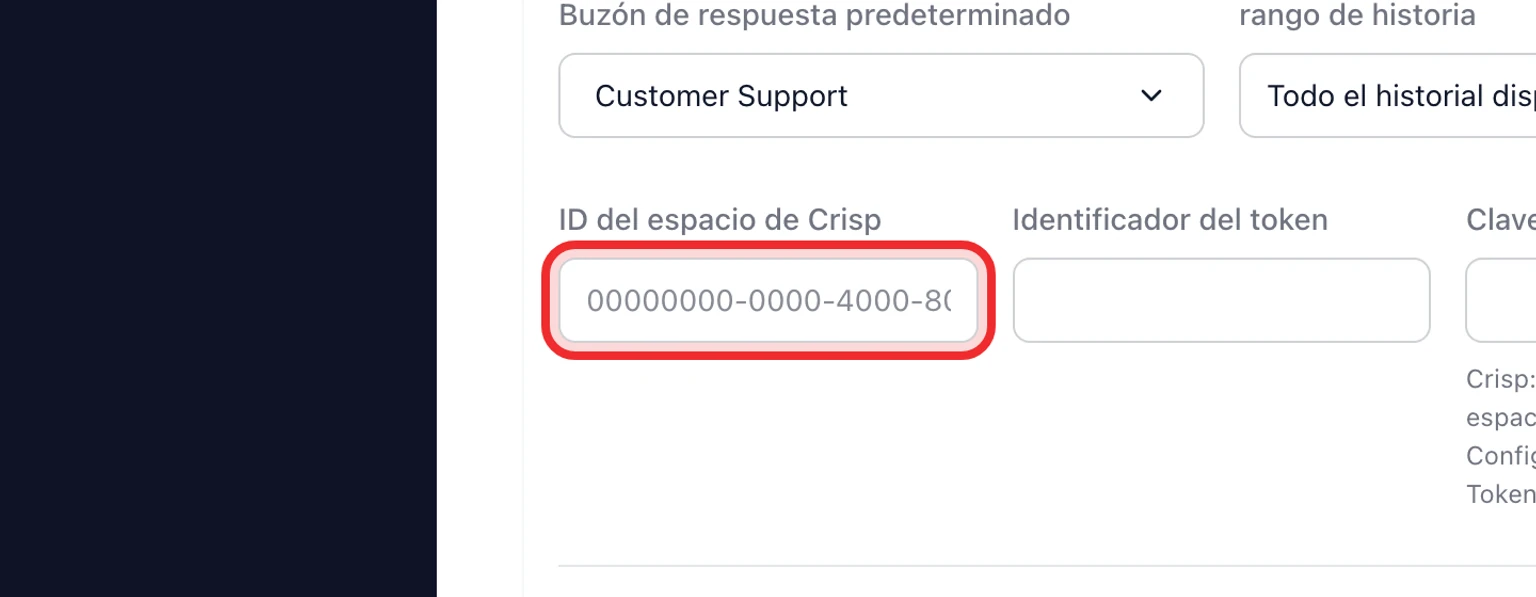 Configuración de la migración desde Crisp en DobroDesk con buzón de destino, periodo, ID del espacio, identificador y clave del token.