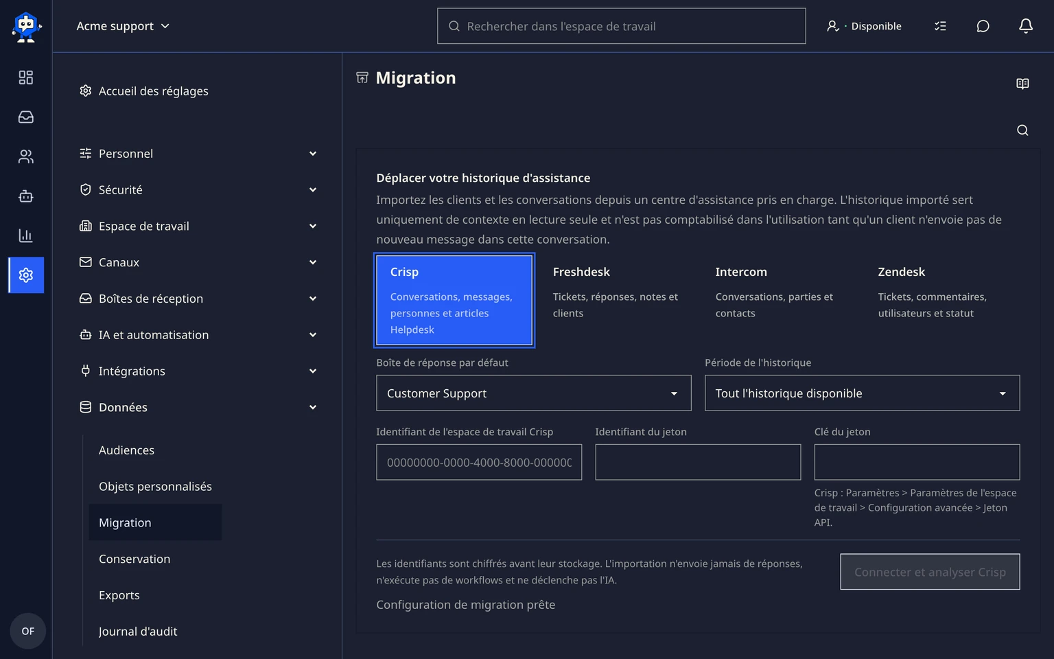 Migrer depuis Crisp: Connecter et analyser Crisp, 1. Ouvrez Administration > Données > Migration, puis choisissez Crisp.