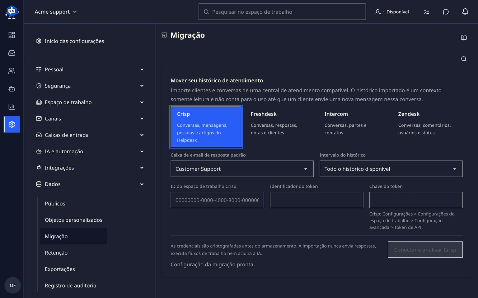 Migrar do Crisp: Conectar e analisar o Crisp, 1. Abra Administração > Dados > Migração e escolha Crisp.