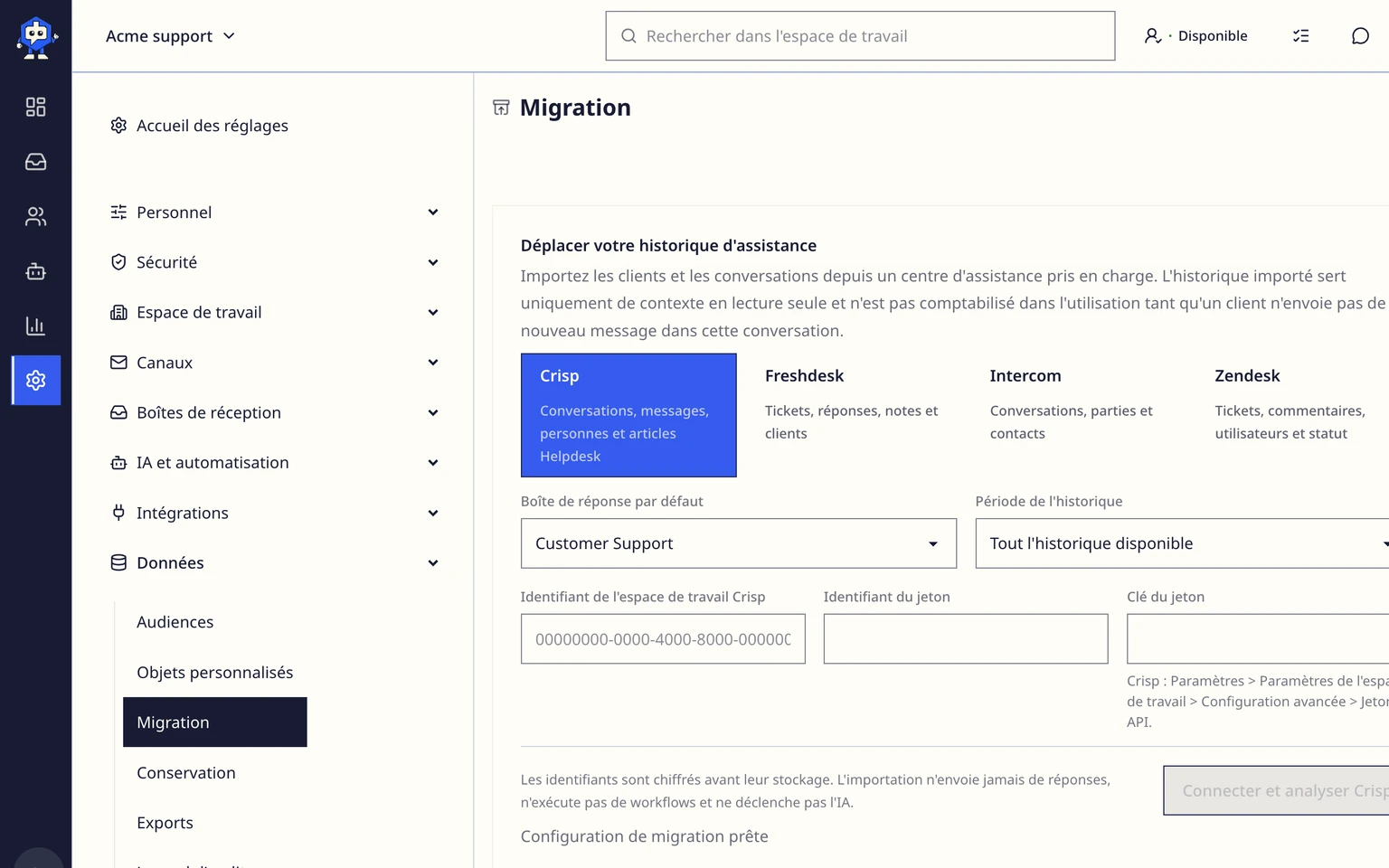 Migrer depuis Crisp: Connecter et analyser Crisp, 2. Sélectionnez la boîte e-mail de réponse cible et la période d'historique.